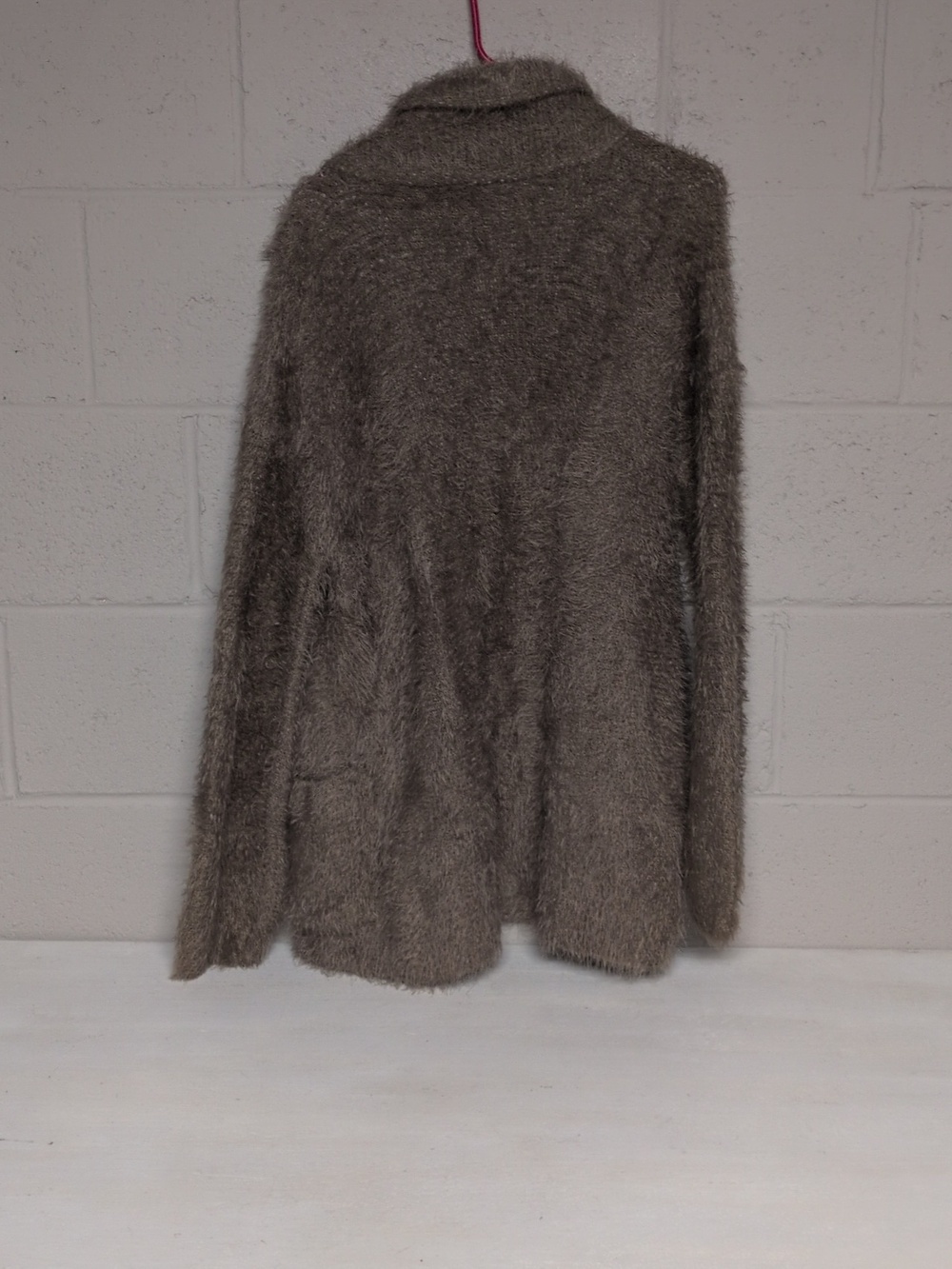 Newbury Kustom Taupe Fuzzy Eyelash Longline Collared Cardigan Sweater Size S/M - Picture 6 of 8